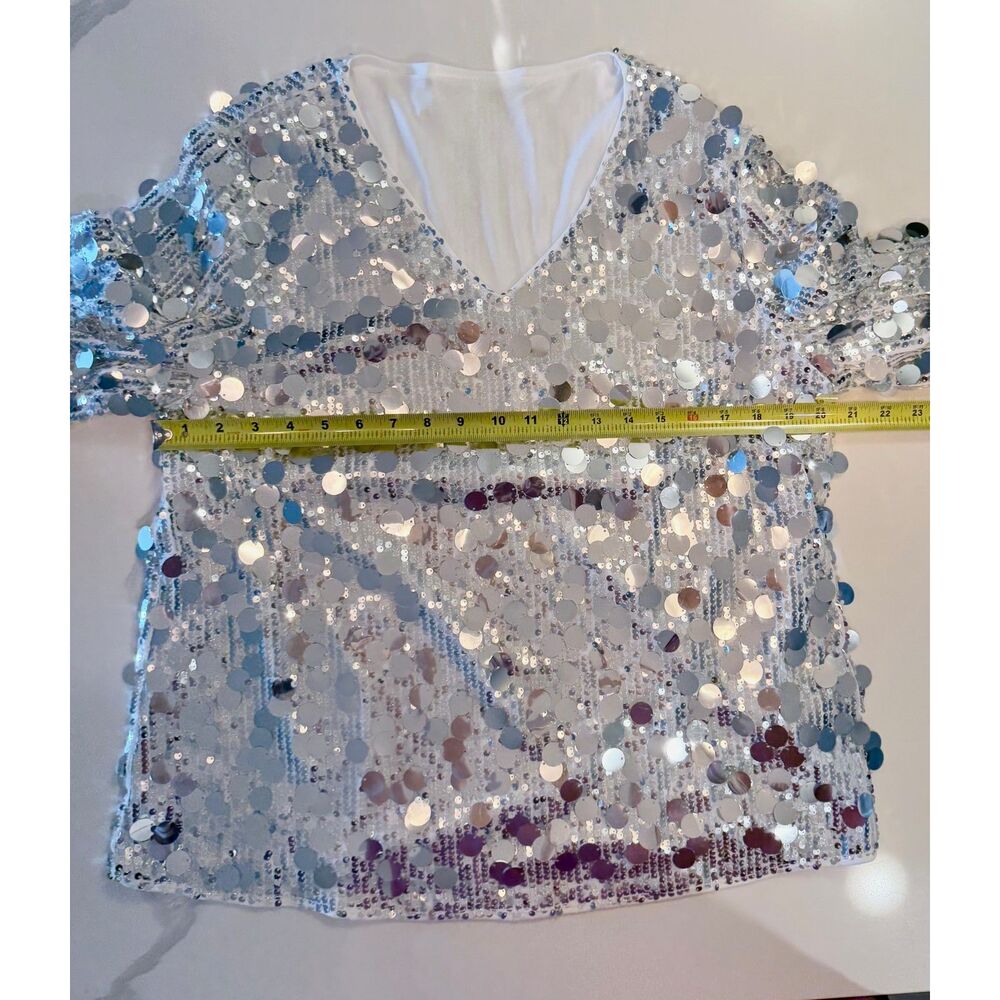 EUC EMERY ROSE Women's Luxurious Sequin V-Neck Long Sleeve Blouse XL Silver - Picture 6 of 8
